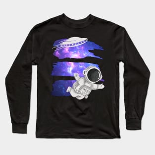 Floating astronaut Ufo alien abduction funny cute spaceship moon mars cosmic space Long Sleeve T-Shirt